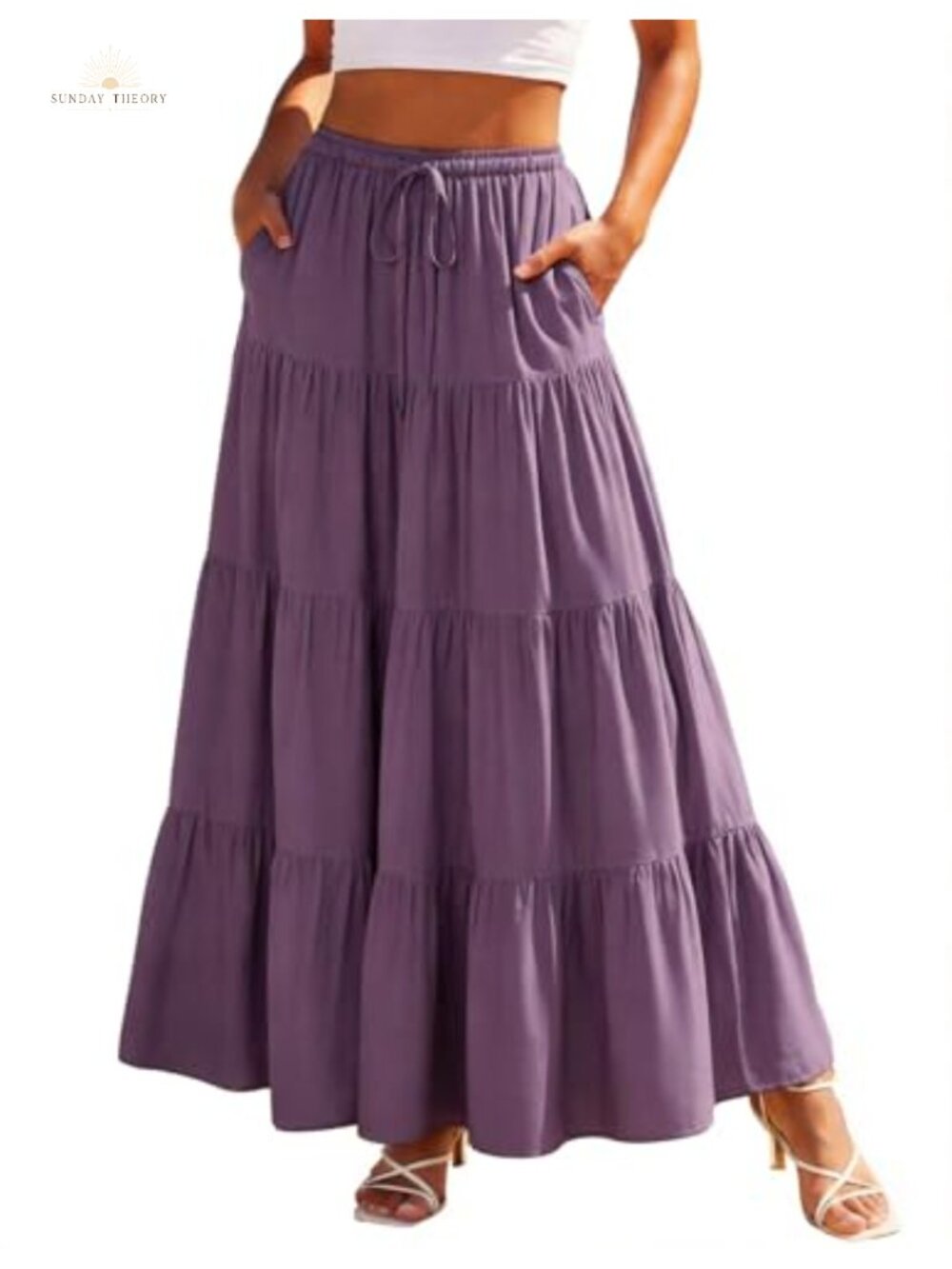Tiered Renaissance Maxi Skirt Flowy Ankle Length Elastic Waist Side Pockets